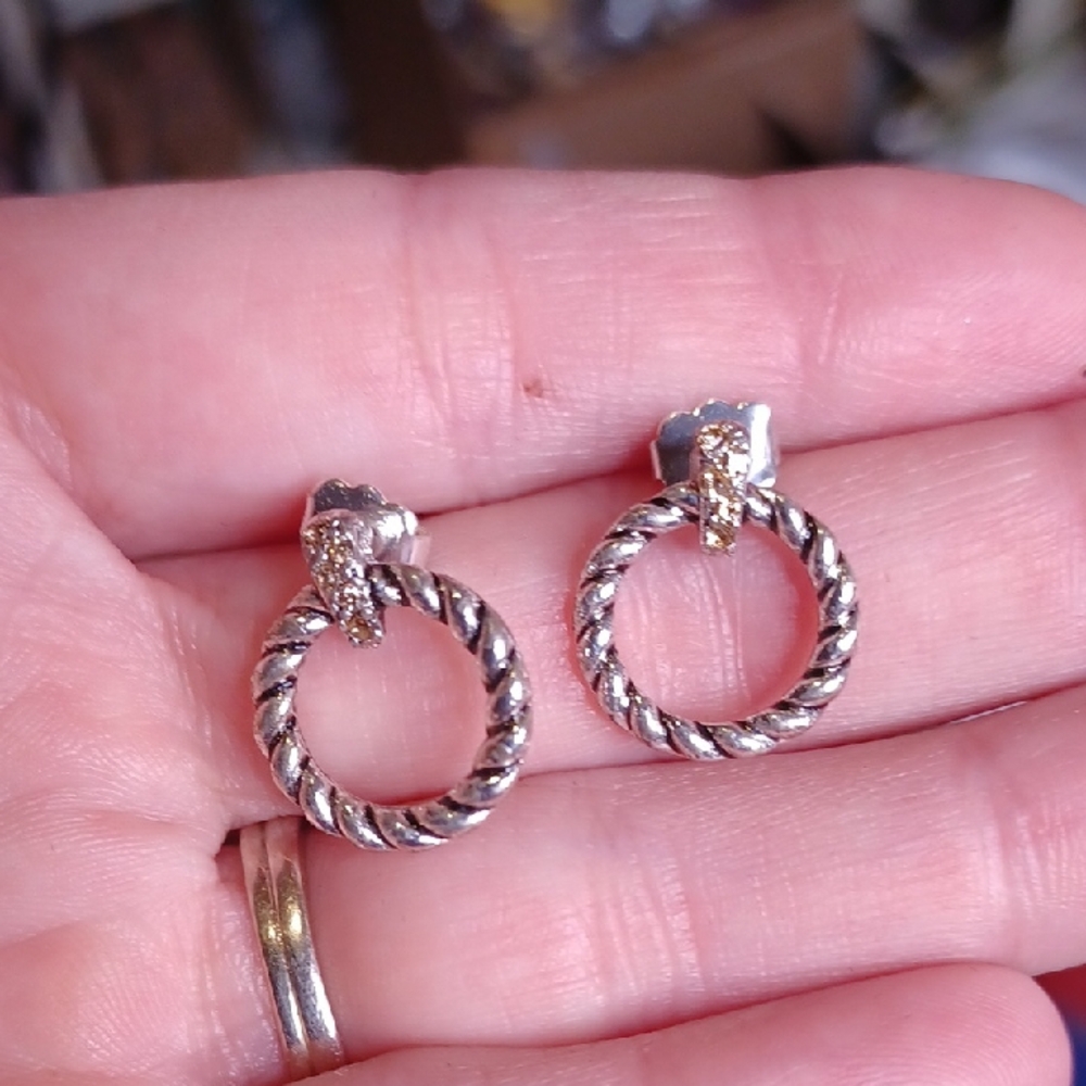 Silver Rope Circle Stud Earrings with Pavé Accents - Women Jewelry